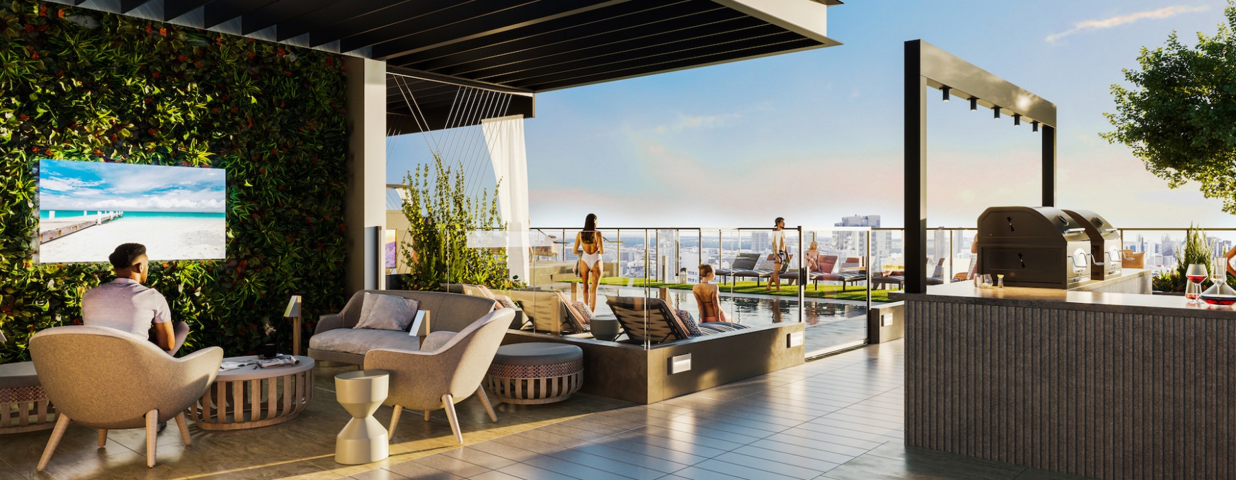 Rooftop pool deck and lounge with BBQs