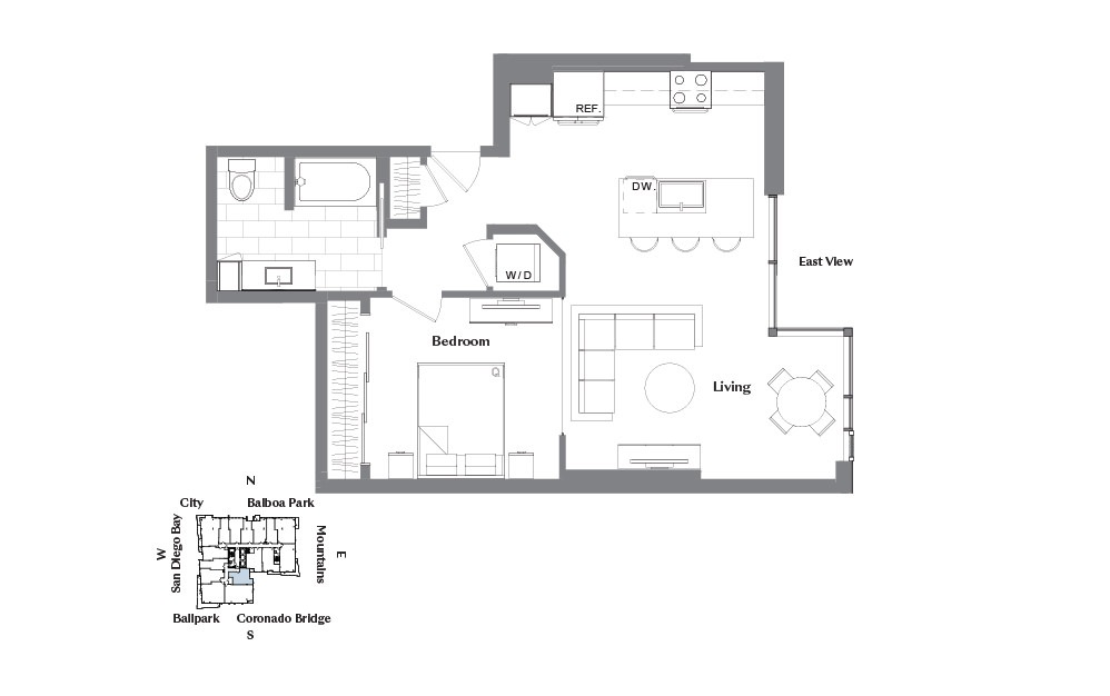 1E - 1 bedroom floorplan layout with 1 bath and 783 square feet.