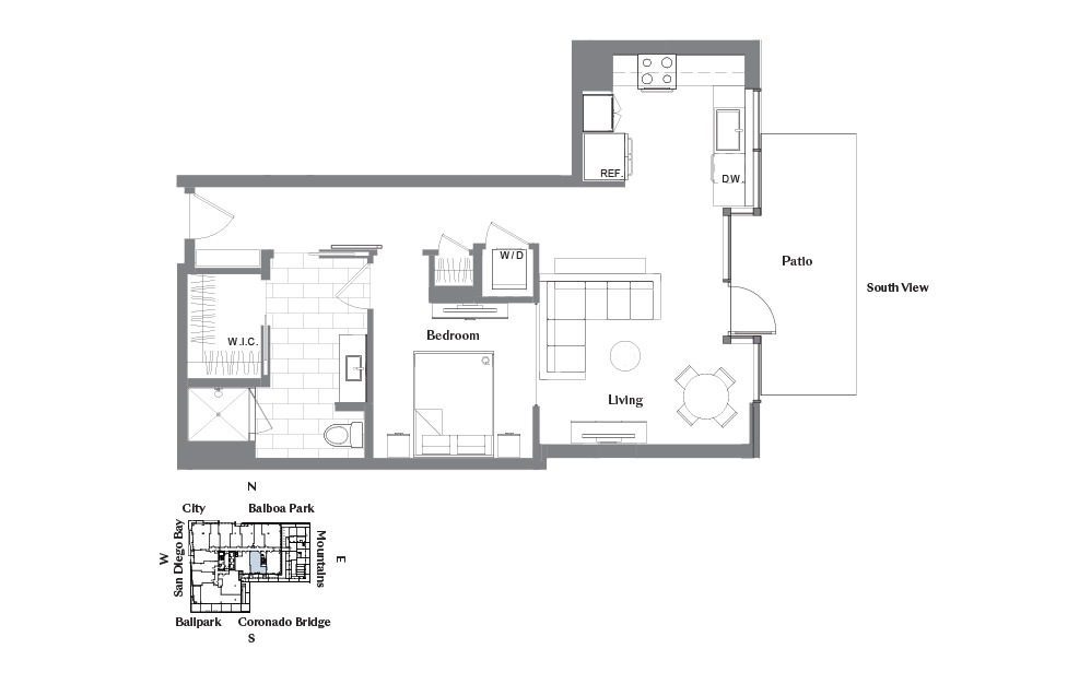 1G - 1 bedroom floorplan layout with 1 bath and 808 square feet.
