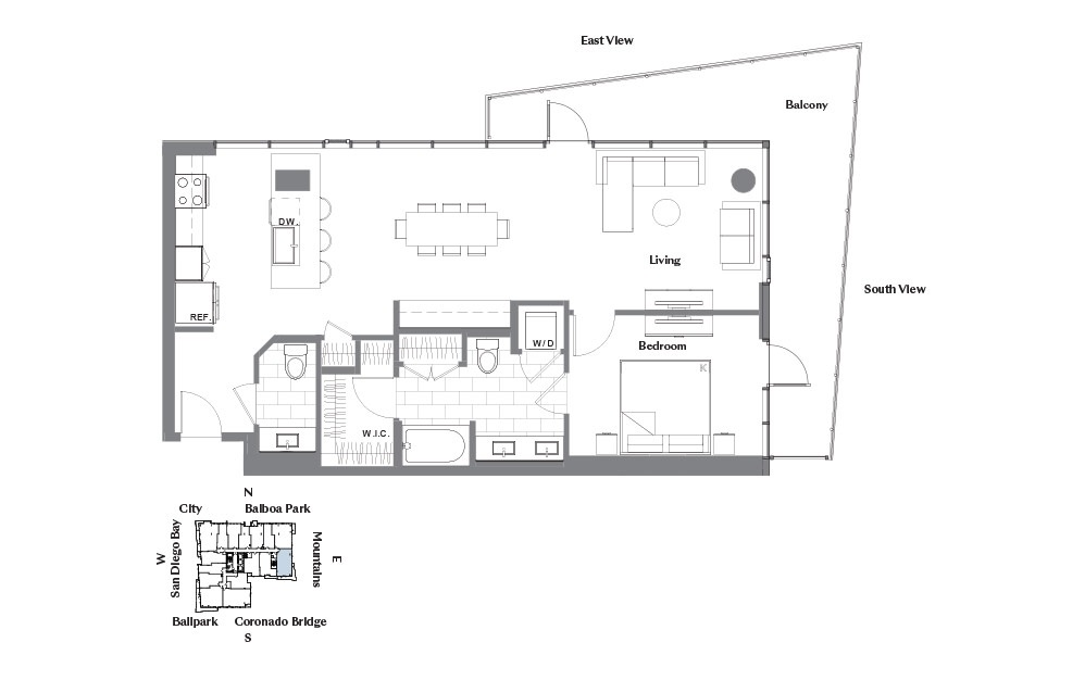 1H - 1 bedroom floorplan layout with 1.5 bath and 1064 square feet.