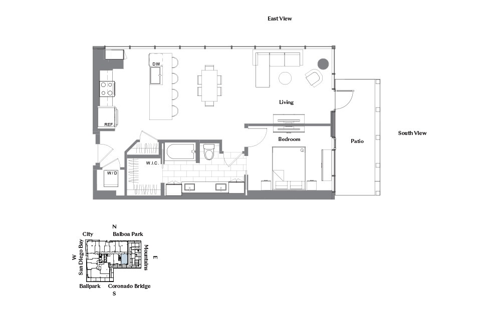 1J - 1 bedroom floorplan layout with 1 bath and 940 square feet.