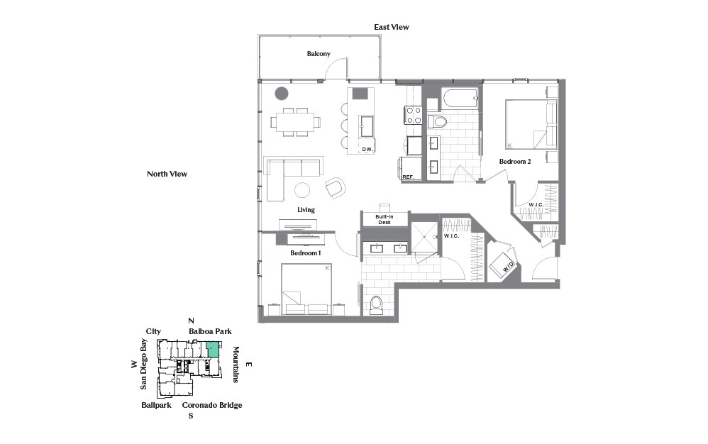 2A - 2 bedroom floorplan layout with 2 baths and 1208 square feet.