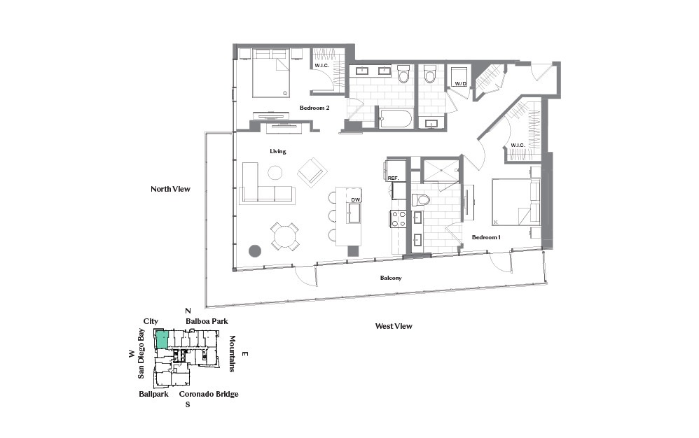 2D.1 - 2 bedroom floorplan layout with 2.5 baths and 1319 square feet.