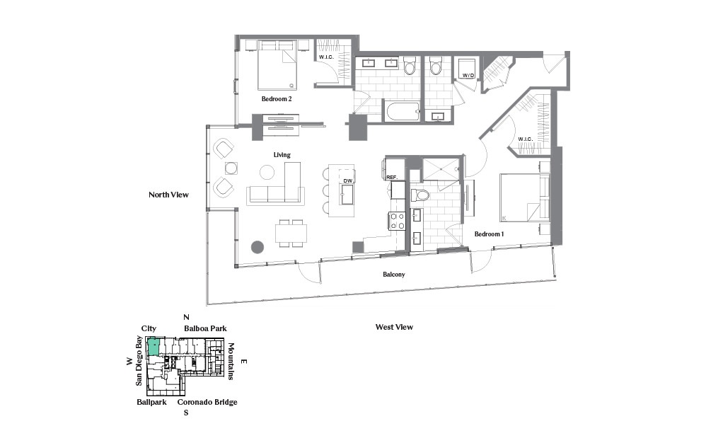 2D.2 - 2 bedroom floorplan layout with 2.5 baths and 1367 square feet.