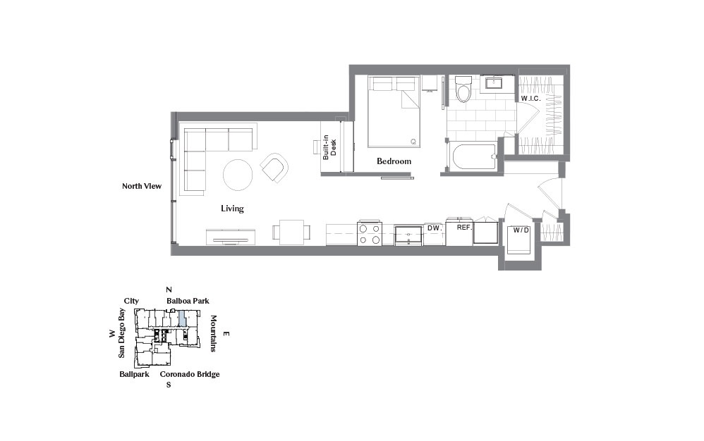 JA - Studio floorplan layout with 1 bath and 633 square feet.