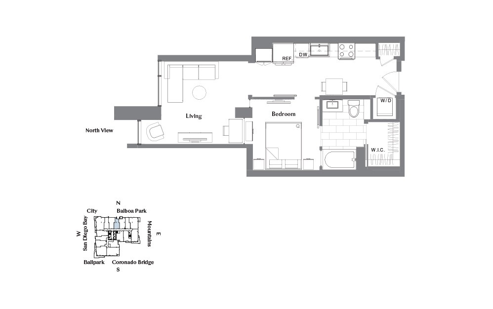 JB - Studio floorplan layout with 1 bath and 641 square feet.