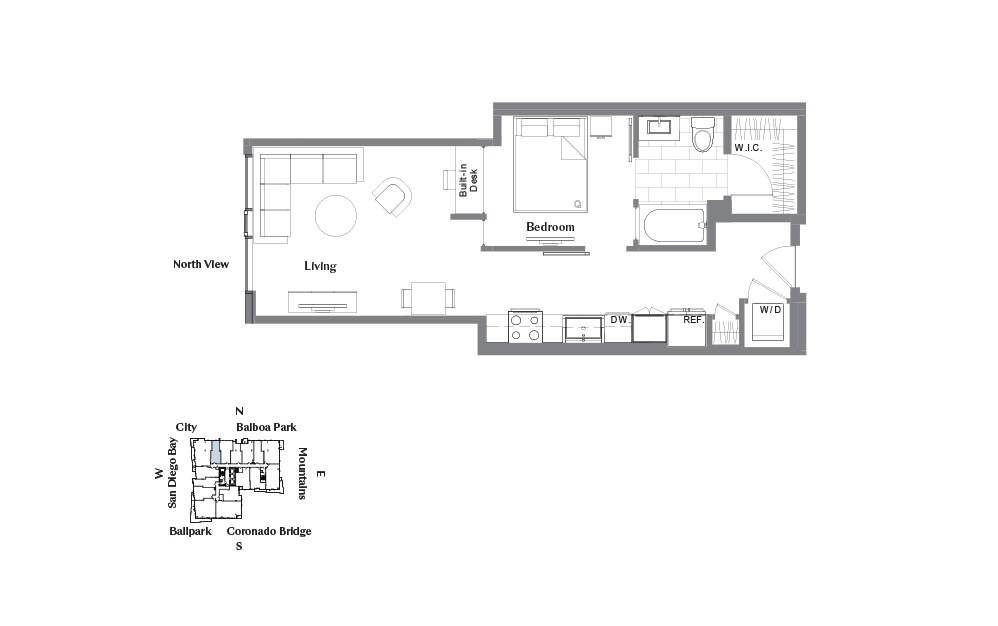 JC - Studio floorplan layout with 1 bath and 635 square feet.