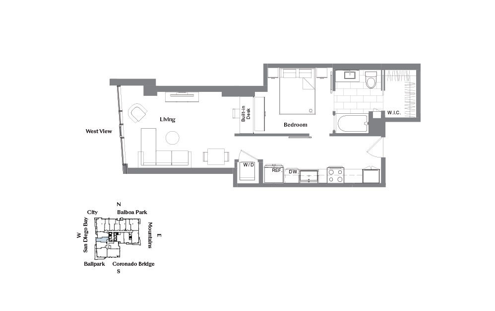 JD - Studio floorplan layout with 1 bath and 658 square feet.