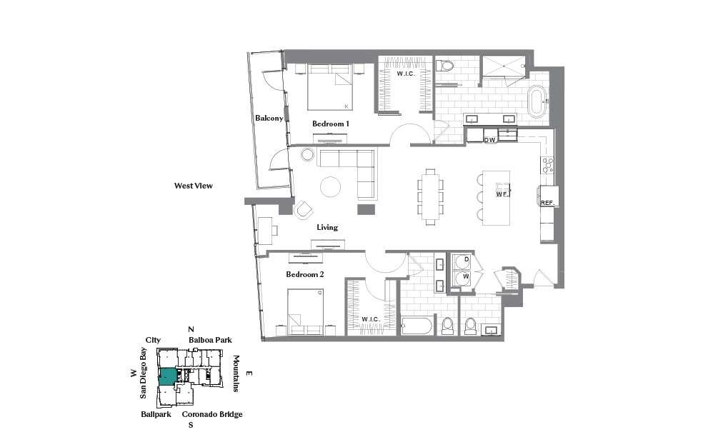 Point Loma - 2 bedroom floorplan layout with 2.5 baths and 1785 square feet.